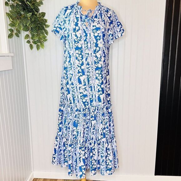 Marie Oliver Reid Women’s S Printed Short Sleeve Midi Dress Blue Floral Stripe - Picture 1 of 15